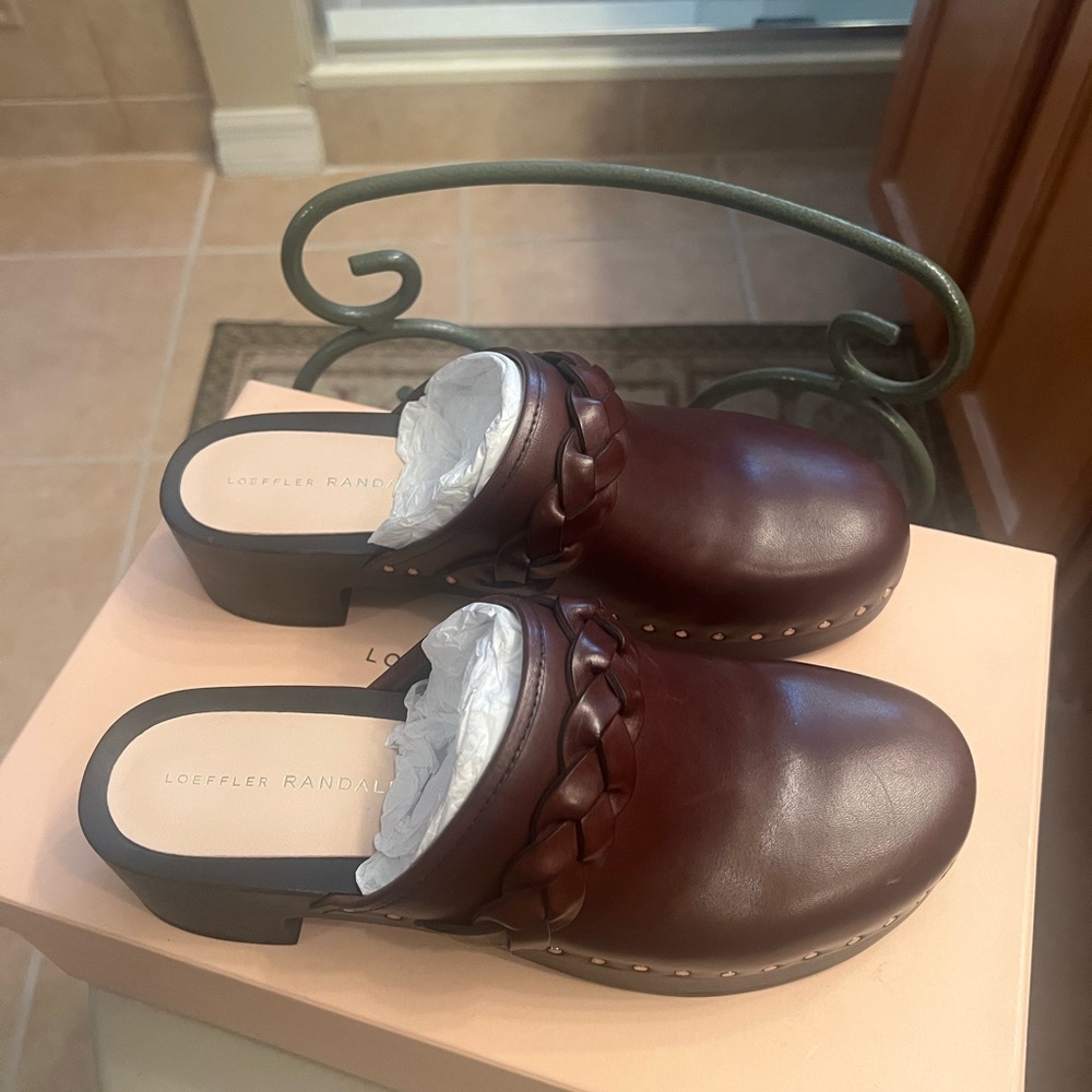 Loeffler Randall Brown Leather Clogs with Glossy Finish
